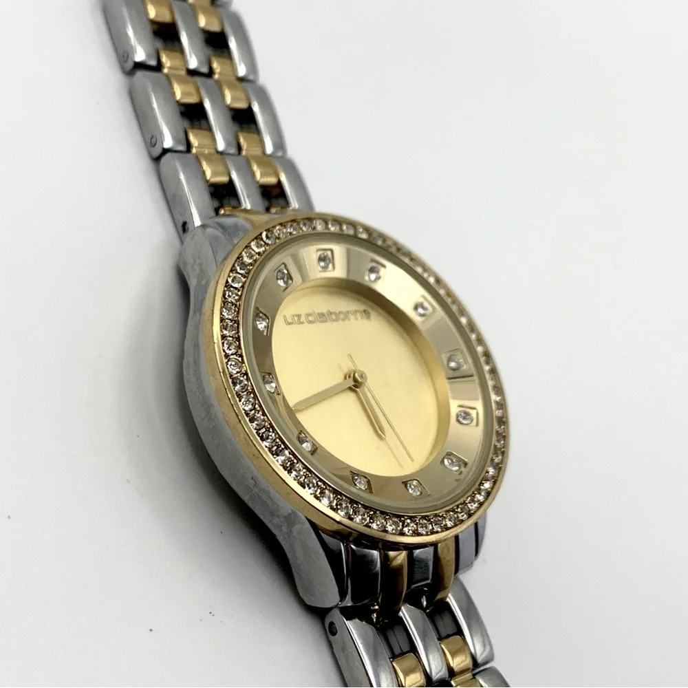 Liz Claiborne Two-Tone Crystal Bezel Watch 6.75" New Battery - Picture 9 of 14